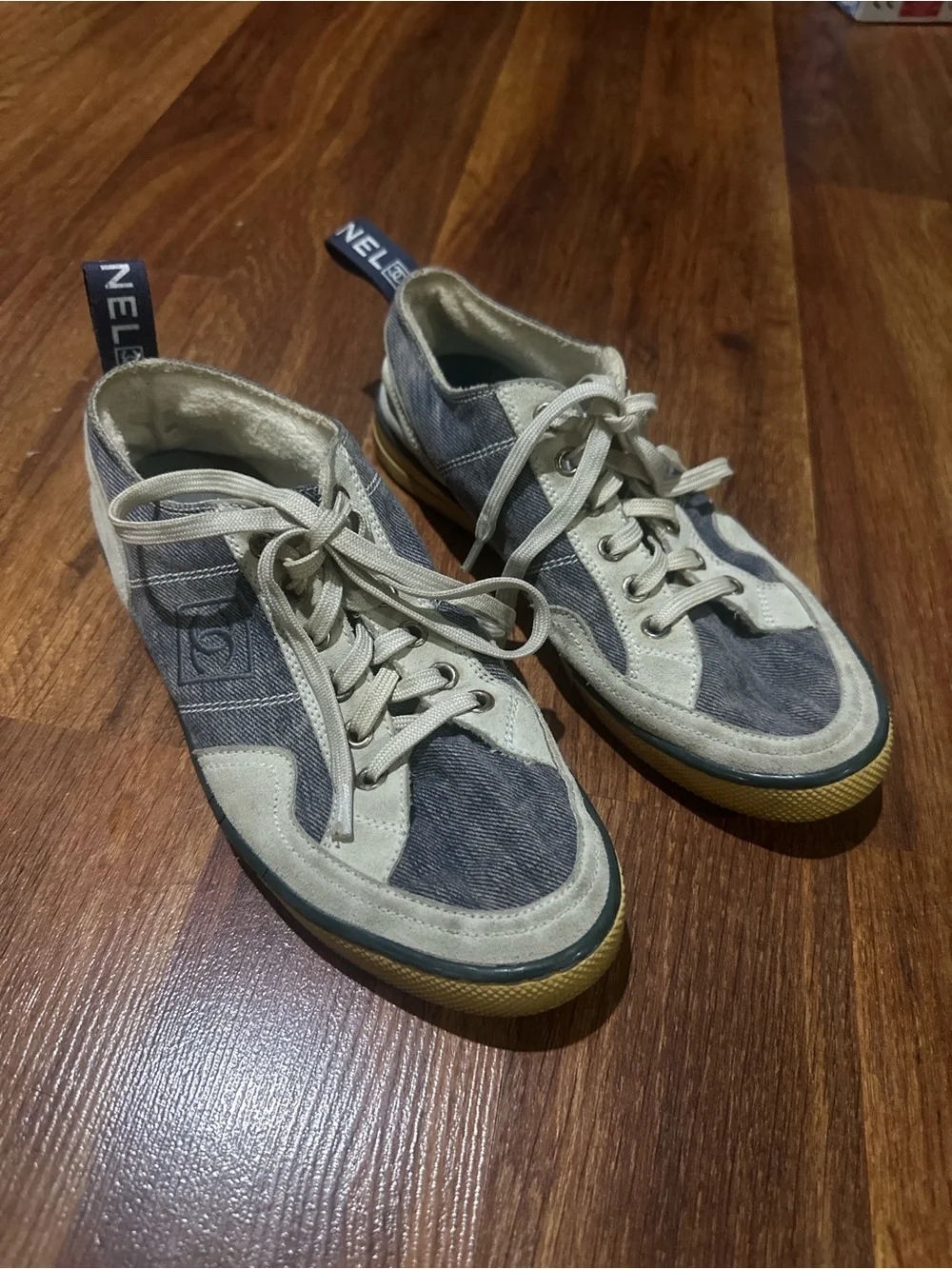 Chanel women’s shoes- Denim-Look Lace-Up Sneakers - Blue and white